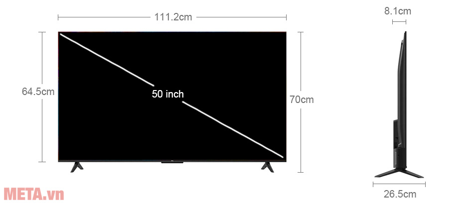 Kích thước Google Tivi TCL 4K 50 inch 50P638