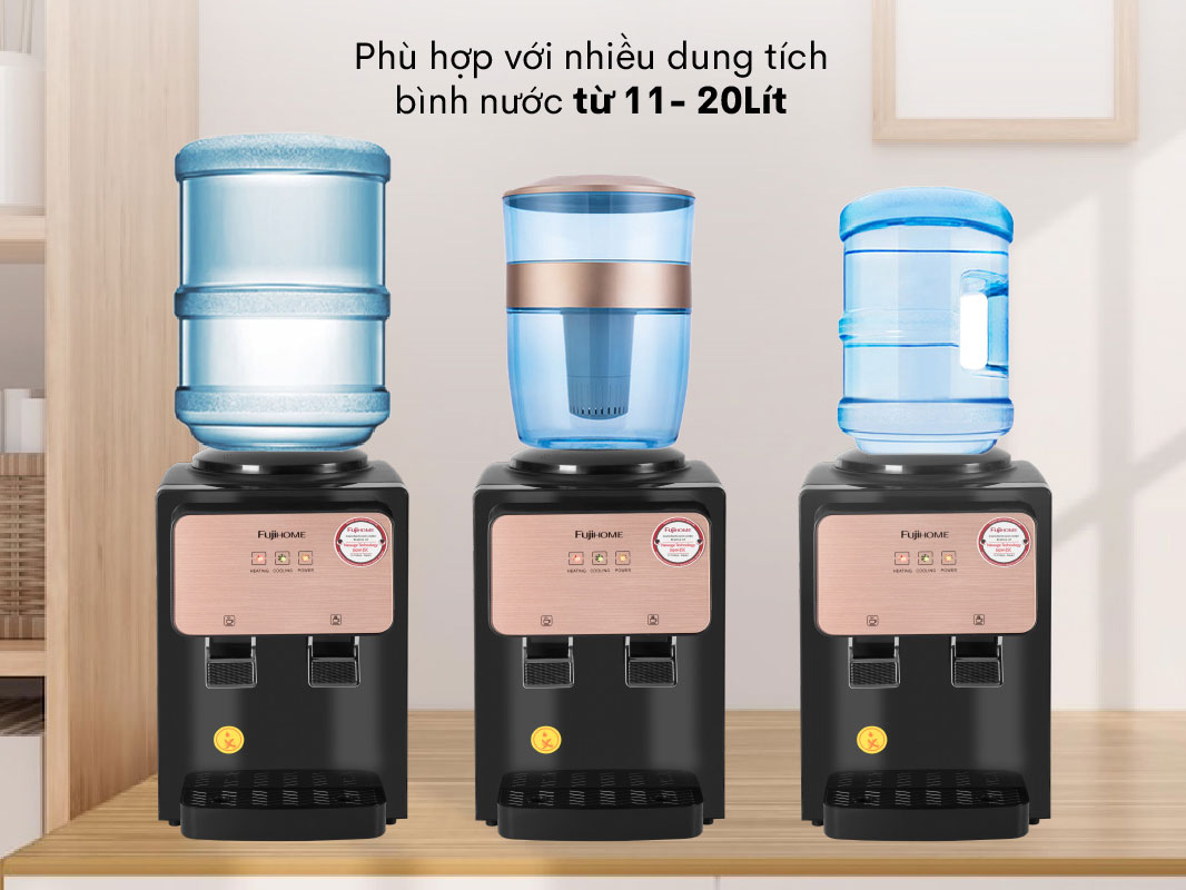 Cây nước nóng lạnh để bàn FujiHome WD03E có thể sử dụng nhiều loại bình nước có dung tích khác nhau