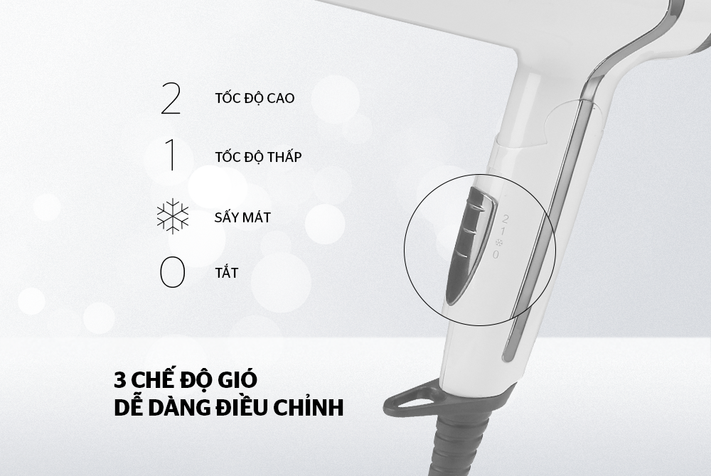 Máy sấy tóc Sunhouse SHD2308W được trang bị 2 tốc độ sấy và 3 mức nhiệt
