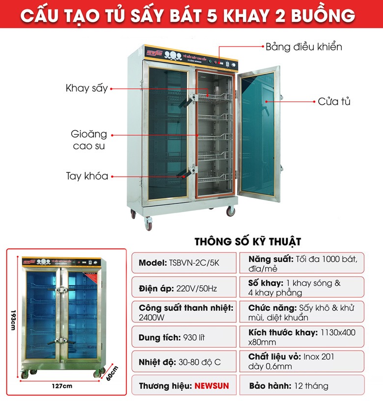 Tủ sấy bát công nghiệp 2 cánh 5 khay NewSun