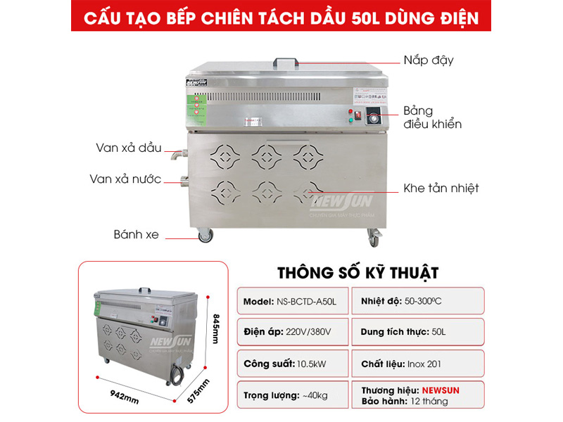 Cấu tạo bếp chiên tách dầu 50L dùng điện