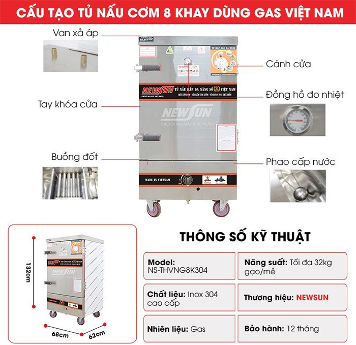 Tủ cơm công nghiệp NewSun 8 khay