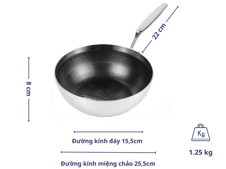 Chảo inox chống dính hoa văn nổi Tri-Ply đáy liền sâu lòng Kaiyo 26cm