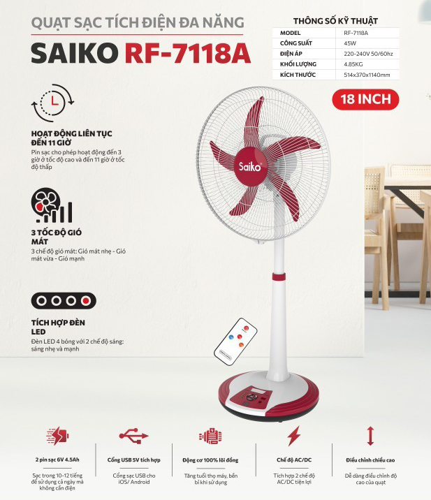 Quạt tích điện đa năng Saiko RF-7118A 