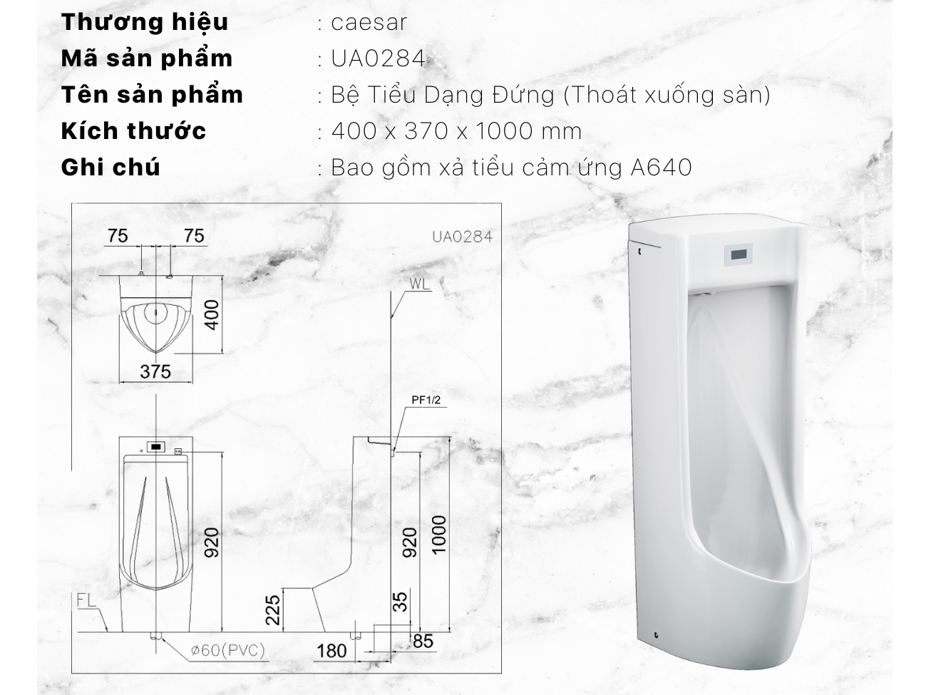 Bệ tiểu nam dạng đứng Caesar UA0284