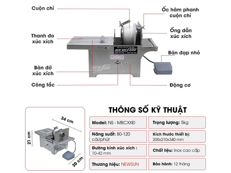 Cấu tạo Máy buộc chỉ xúc xích NewSun loại dùng điện