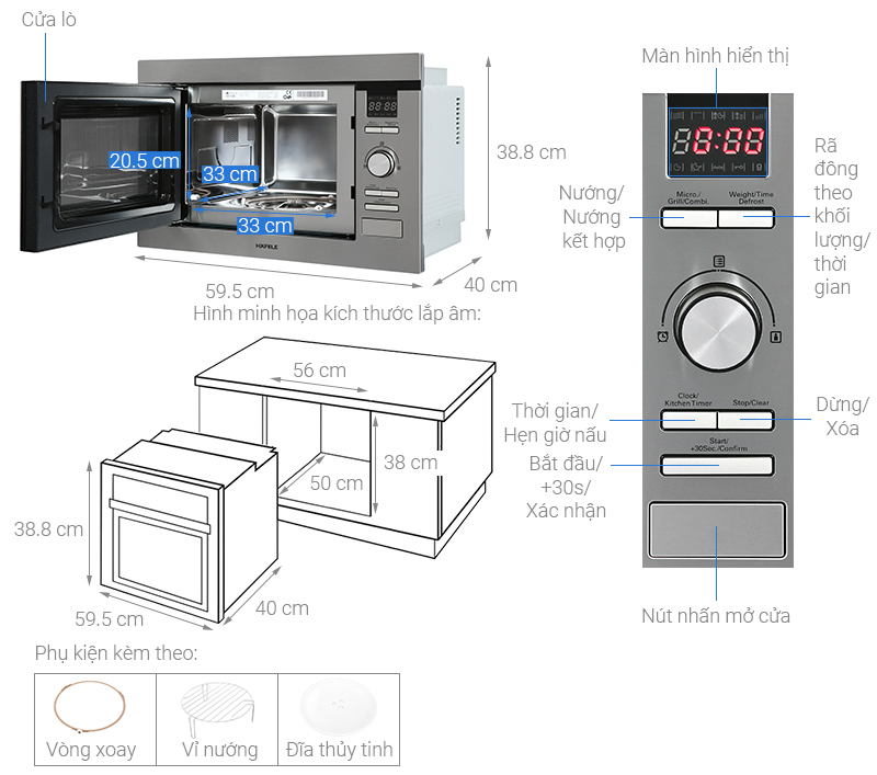 Kích thước và cấu tạo của lò vi sóng có nướng âm tủ Hafele HM-B38D