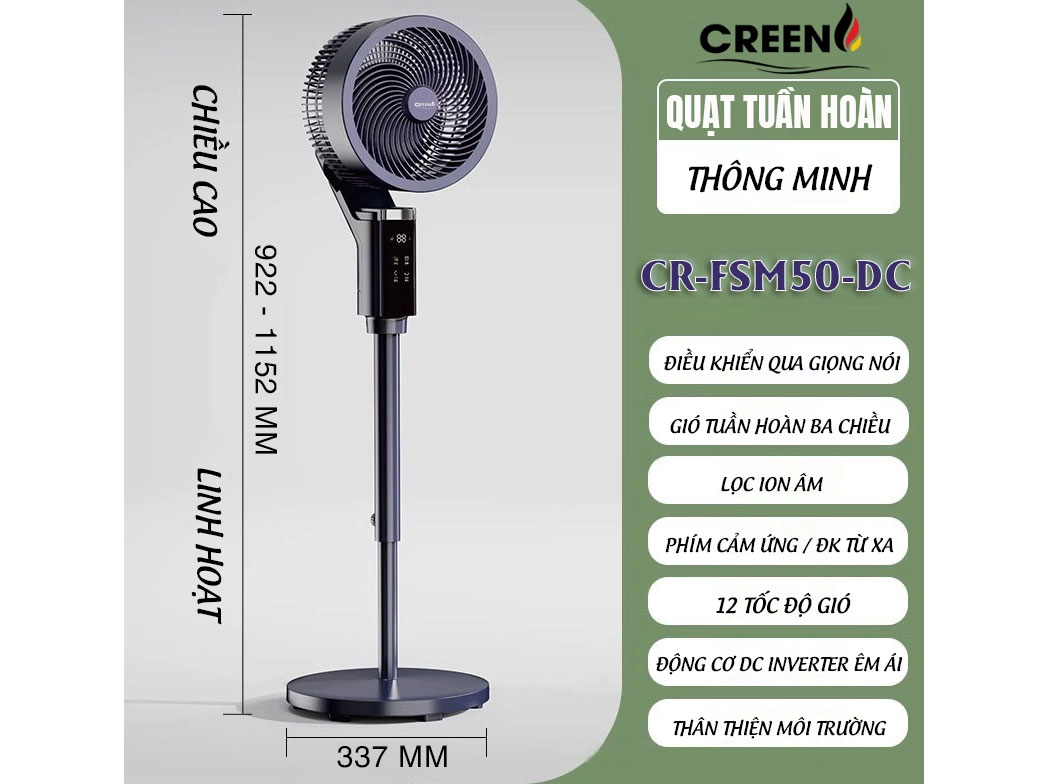 Quạt đối lưu không khí Creen CR-Fsm50-DC sở hữu thiết kế gọn gàng, có thể điều chỉnh độ cao