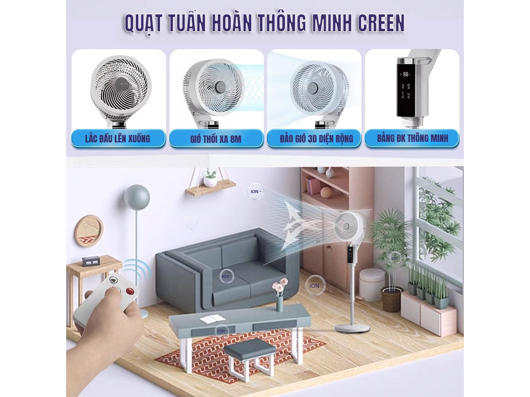 Quạt tuần hoàn thông minh Creen CR-FSM50-DC cho phép tùy chỉnh tới 12 cấp độ gió mạnh, nhẹ