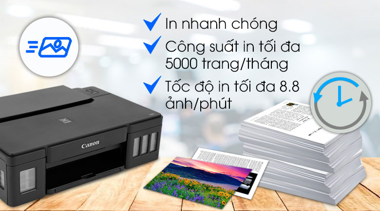 Máy in màu Canon G1010 có chức năng in màu và in đen trắng 1 mặt với tốc độ mạnh mẽ