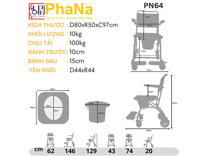 Kích thước ghế vệ sinh inox có bánh xe PN64