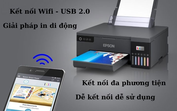 Máy in màu Epson L8050 có khả năng kết nối qua USB và Wifi