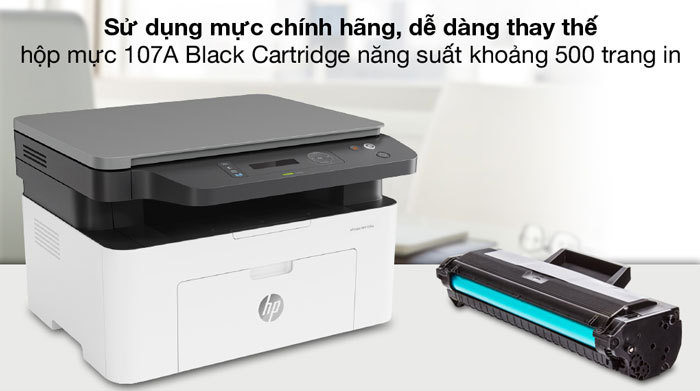 HP Laserjet Pro MFP M135W trang bị hộp mực 107A Black Cartridge chính hãng, chất lượng