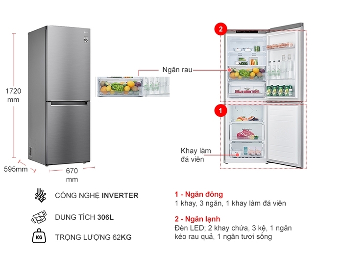 Tổng quan tủ lạnh LG Inverter 306 lít GR-B305PS