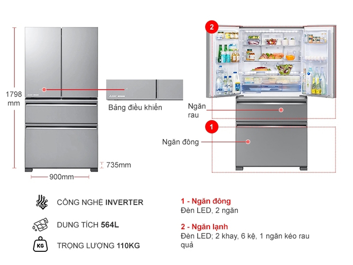 Tổng quan tủ lạnh 4 cánh Mitsubishi MR-LX68EM-GSL-V