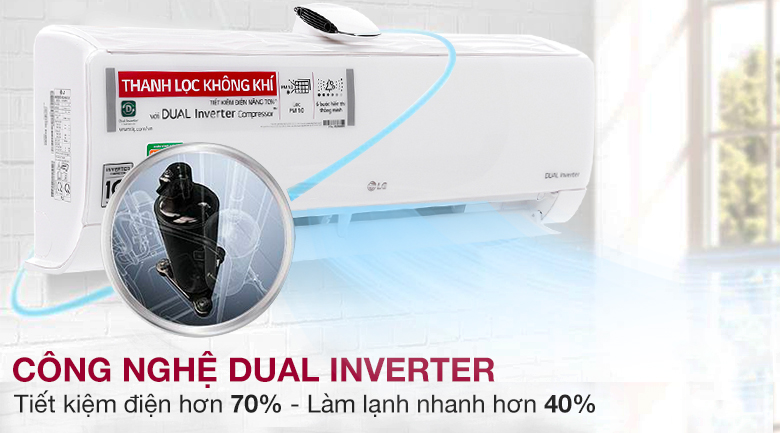 Điều hòa 1 chiều LG V10AP sử dụng máy nén biến tần kép LG DUAL Inverter Compressor™ tiết kiệm điện hiệu quả