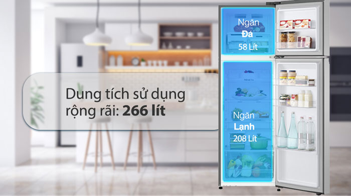 Tủ lạnh ngăn đá trên LG Inverter GV-B262PS có dung tích lớn