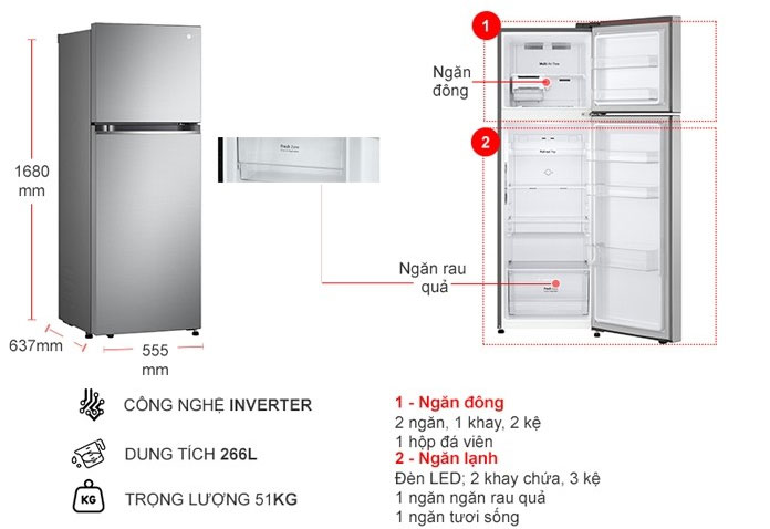 Kích thước của tủ lạnh LG Inverter 266 lít GV B262PS