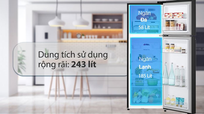 Tủ lạnh LG GV-B242PS có dung tích sử dụng là 243 lít