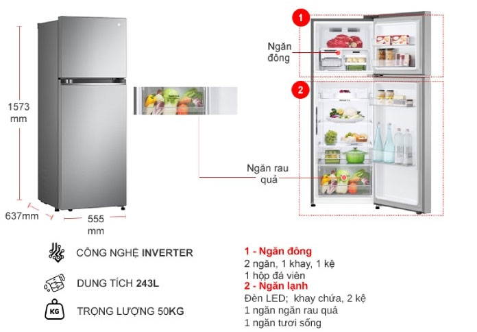 Kích thước của Tủ lạnh LG Inverter 243 lít GV B242PS