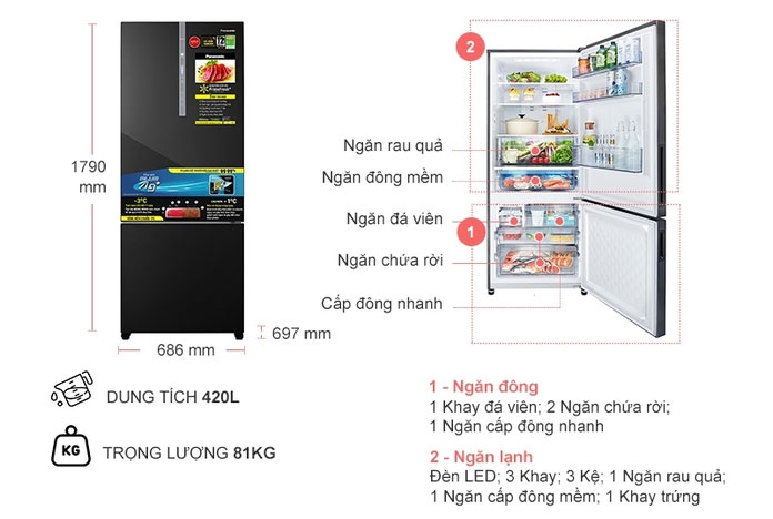 Kích thước Tủ lạnh Panasonic Inverter 420 lít NR BX471WGKV