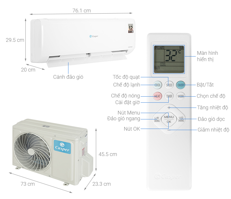 Tổng quan điều hòa Casper Inverter 1 chiều 1.5HP TC-12IS36