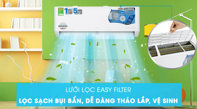 Điều hòa TCL 1 chiều 9.000BTU TAC-10CSD/TPG21 còn được tích hợp lưới lọc Easy Filter giúp loại bỏ bụi bẩn, vi khuẩn 