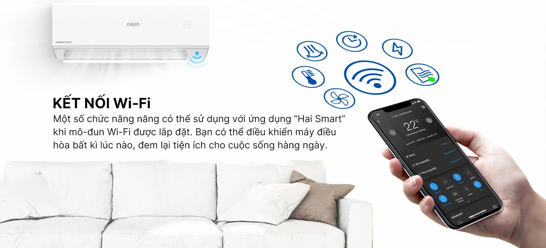 Máy lạnh Aqua Inverter 1HP AQA-RUV10RB2 tích hợp module Wifi  giúp kết nối với điện thoại