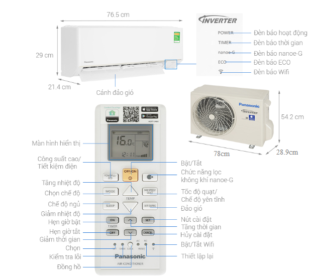 Cấu tạo máy lạnh 2 chiều Panasonic Inverter 1,5HP CU/CS-YZ12AKH-8