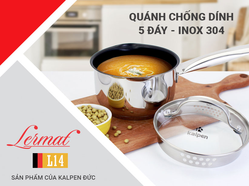 Quánh inox 304 chống dính 5 đáy Kalpen Lermat L14