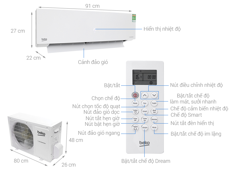 Tổng quan máy lạnh Beko Inverter 1 HP RSVC10BV-I