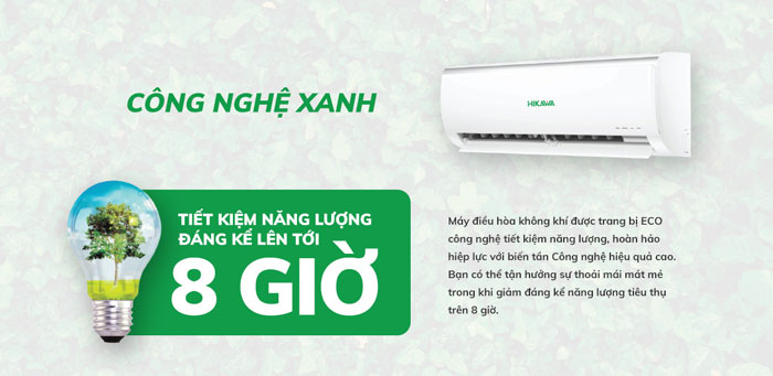 điều hòa 1 chiều Hikawa HI-VC10A/K-VC10A tiết kiệm điện năng hiệu quả nhờ chế độ Eco và Inverter