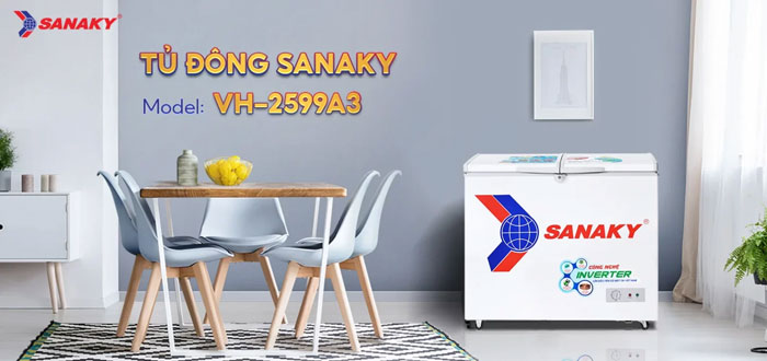 Tủ đông Sanaky VH-2599A3 sở hữu kiểu dáng hiện đại với 1 ngăn, 2 cánh 