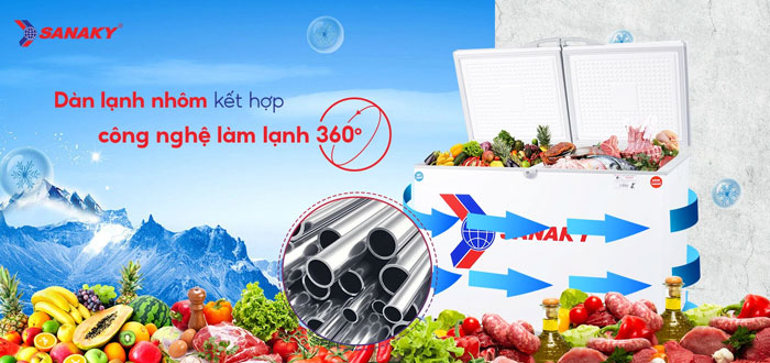 tủ đông 2 ngăn Sanaky VH 285W2 sử dụng dàn lạnh nhôm và công nghệ 360 độ để bảo quản thực phẩm hiệu quả nhất