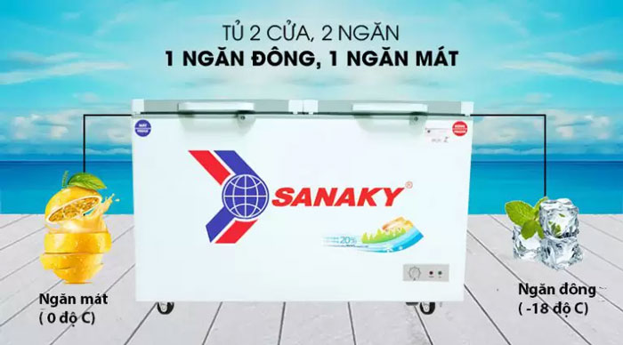 tủ đông Sanaky VH 2599W1 có 2 ngăn 1 đông, 1 mát riêng biệt