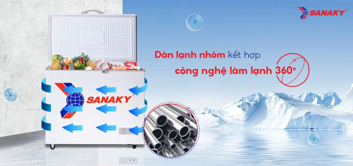 tủ đông 1 ngăn Sanaky VH-255HY2 bảo quản thực phẩm tốt hơn nhờ công nghệ làm lạnh 360 độ và dàn lạnh bằng nhôm