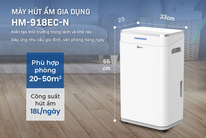 Máy hút ẩm dân dụng FujiE HM-918EC-N phù hợp cho không gian từ 20 - 50m2