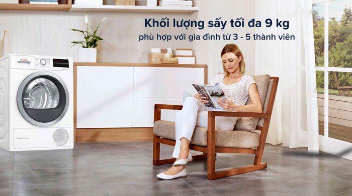 Máy sấy quần áo bơm nhiệt Bosch HMH.WQG24200SG Series 6 sở hữu khối lượng sấy là 9kg