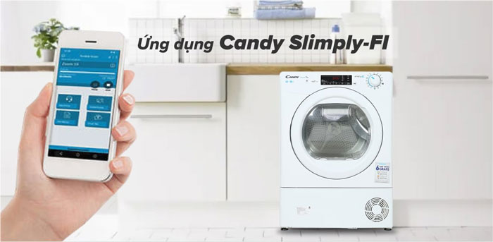 máy sấy quần áo Candy CSO C8TE-S có thể kết nối với điện thoại đầy tiện ích