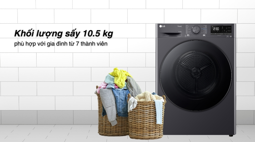 Máy sấy bơm nhiệt LG DVHP50M có khối lượng sấy lên đến 10,5kg quần áo