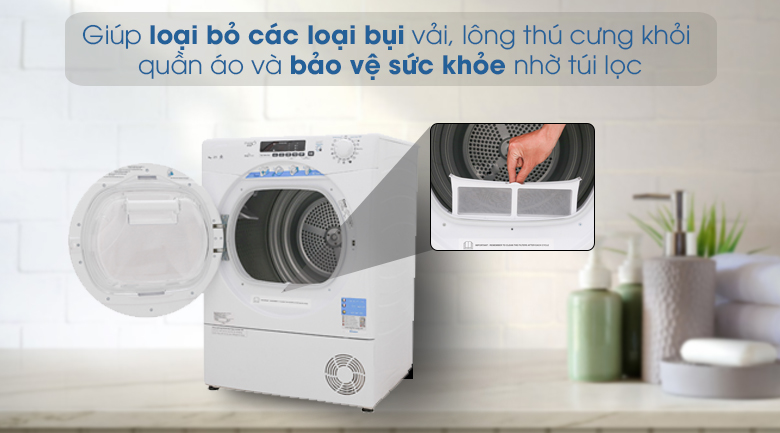 Bảo vệ sức khỏe với khả năng lọc bụi vải nhờ tấm lọc bụi của máy sấy Candy 9kg GVS C9DE-S