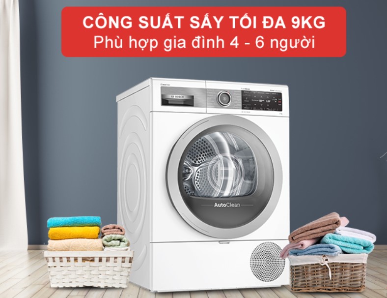 Máy sấy quần áo Bosch WTX87E40 có khối lượng sấy tối đa 9kg