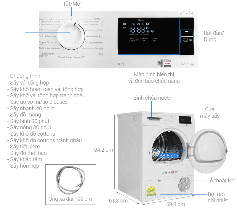 Tổng quan máy sấy bơm nhiệt Bosch 8kg WTH83028SG