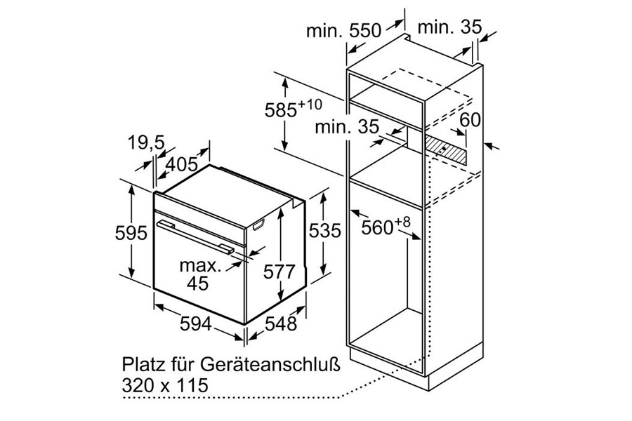 Kích thước lắp đặt lò nướng kèm hấp Bosch HSG636BB1 Serie 8