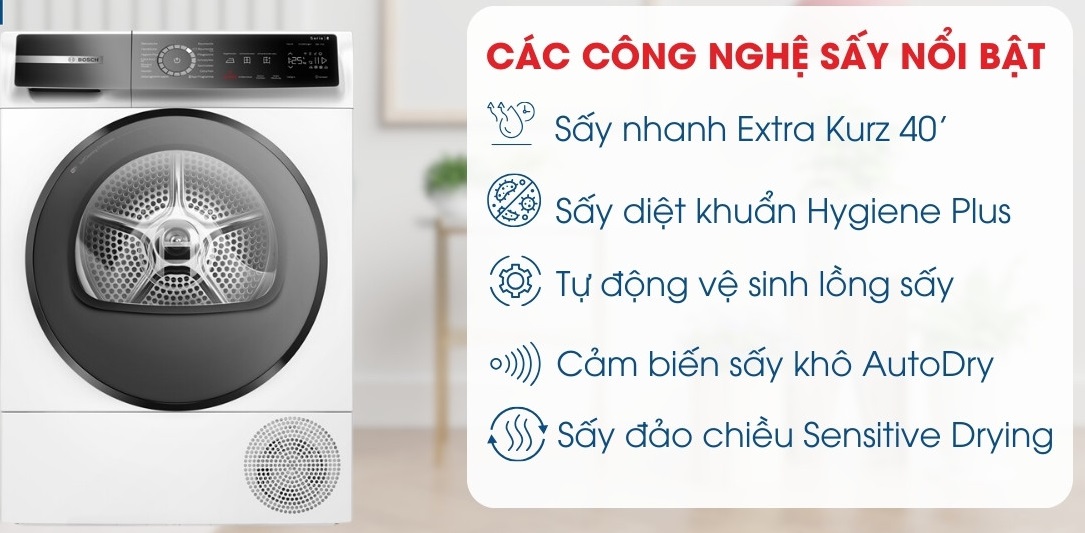 Máy sấy quần áo Bosch WQB245B40 tích hợp nhiều công nghệ sấy khô hiện đại