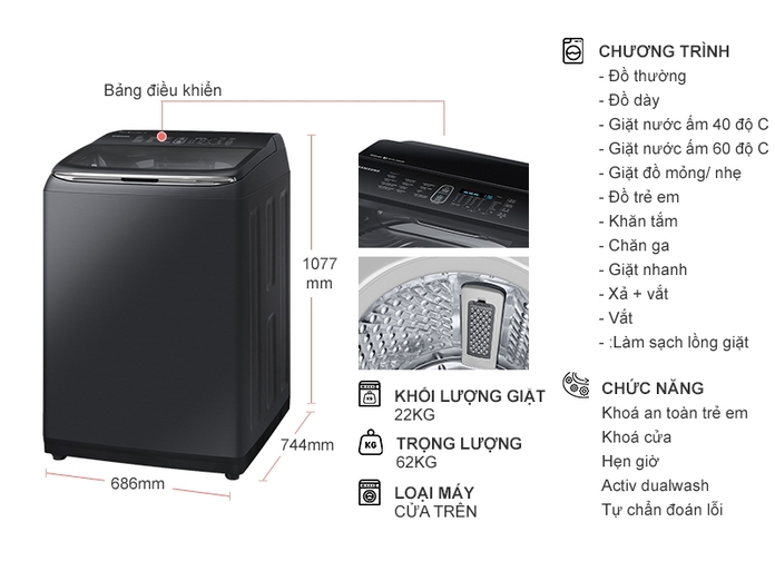 Tổng quan máy giặt lồng đứng Samsung Inverter 22 kg WA22R8870GV/SV