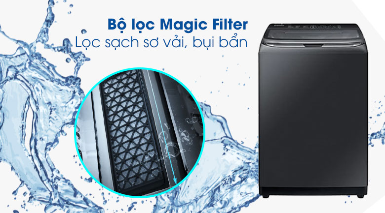 Bộ lọc Magic Filter được tích hợp trong máy giặt Samsung giúp lọc sạch xơ vải, lông tơ và bụi bẩn