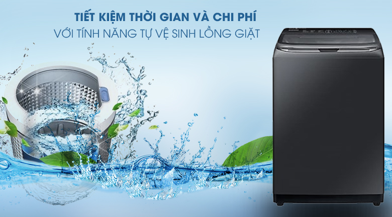 Máy giặt cửa trên Samsung WA22R8870GV/SV có khả năng tự vệ sinh lồng giặt đảm bảo không gian giặt giũ sạch sẽ cho người dùng