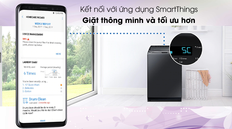 Máy giặt cửa trên Samsung WA22R8870GV/SV tích hợp tính năng điều khiển qua điện thoại tiện lợi