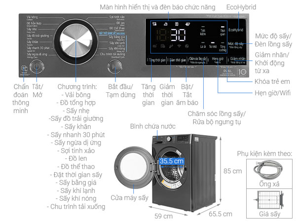 Cấu tạo, chú thích bảng điều khiển của máy sấy LG DVHP50B